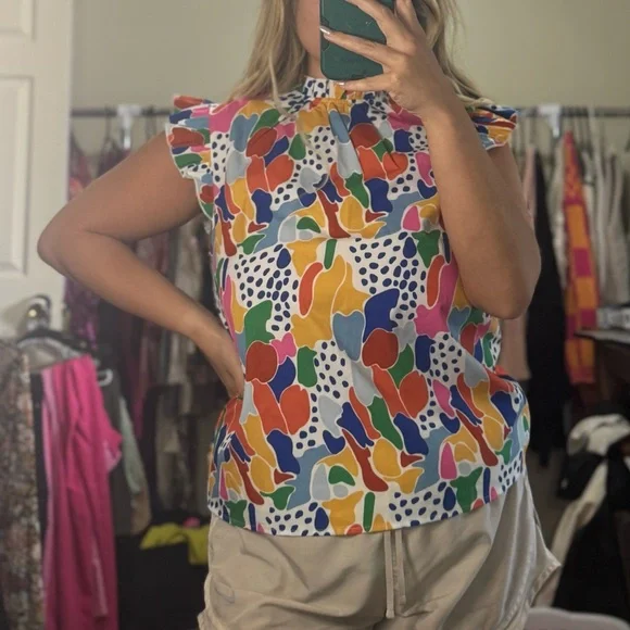 Multicolor Abstract Print Cap Sleeve Top by Emery Rose - Picture 1 of 5